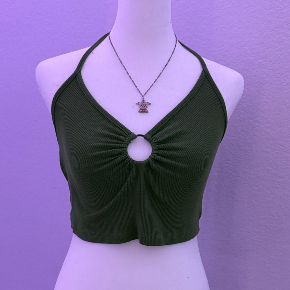 SHEIN Olive Halter Crop Top with Ring Detail
